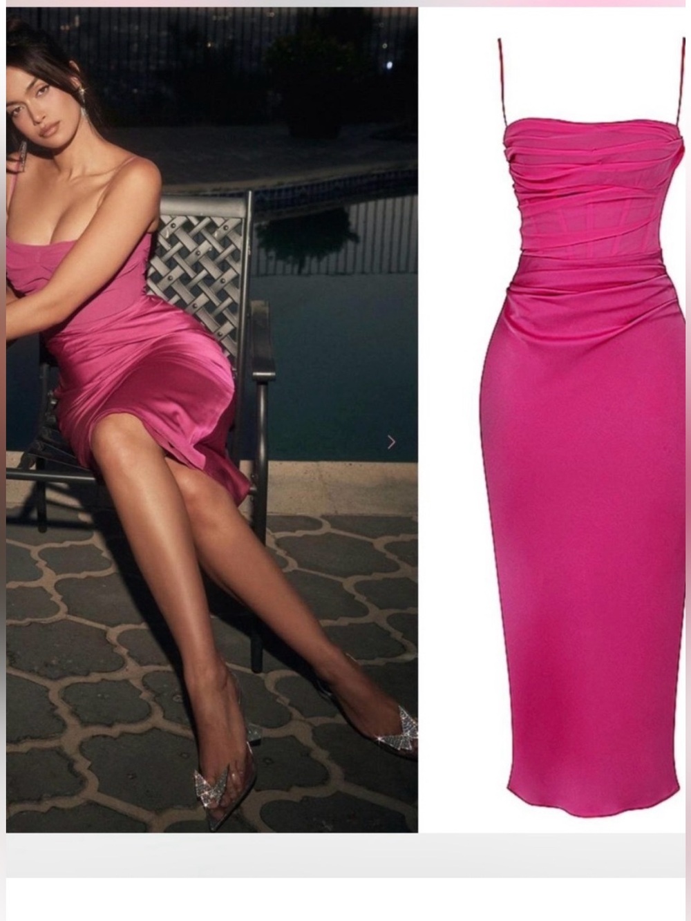 House of CB Teia midi dress is crafted from hot pink satin